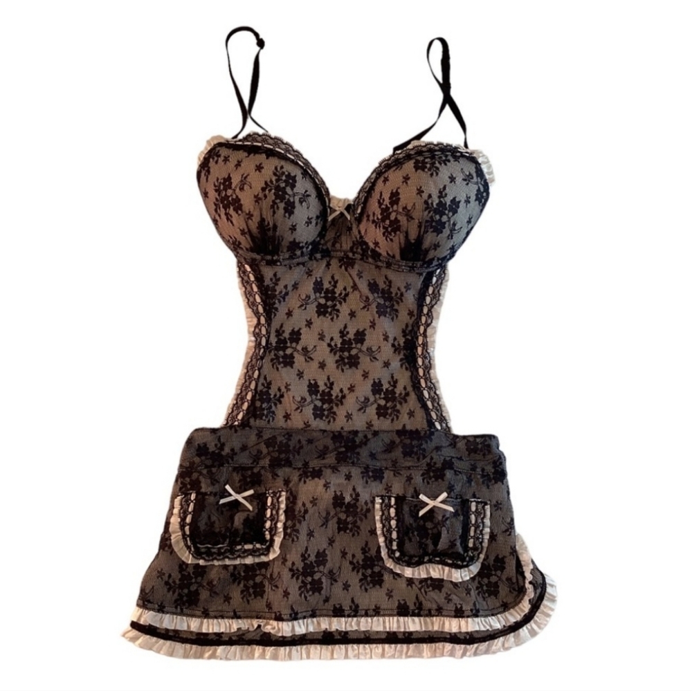 Victoria's Secret Sexy Little Things Lingerie 34B  Maid Outfit Pink Black Lace